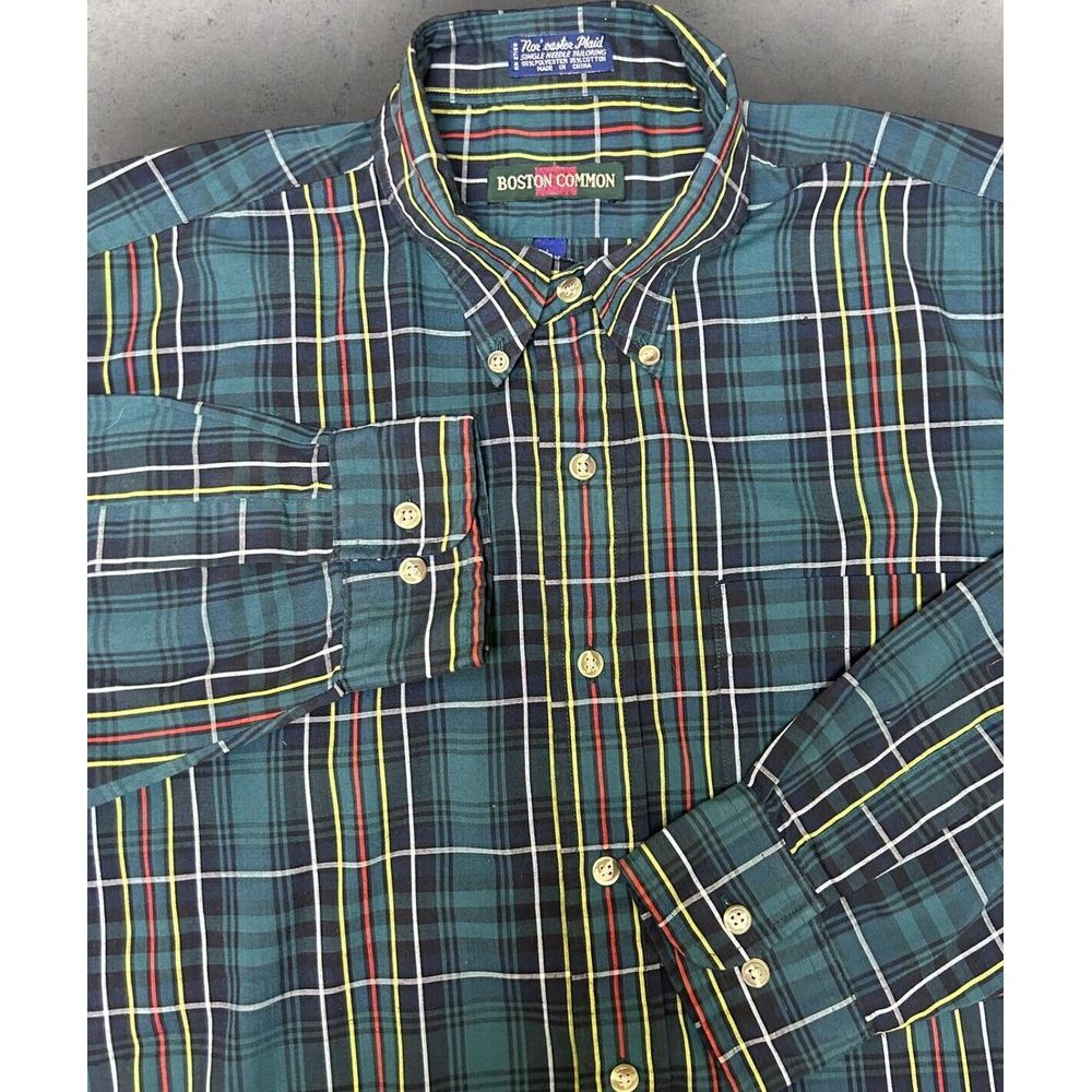 VINTAGE Boston Common Shirt Adult Large‎ Green Plaid Cotton Button Up Mens
